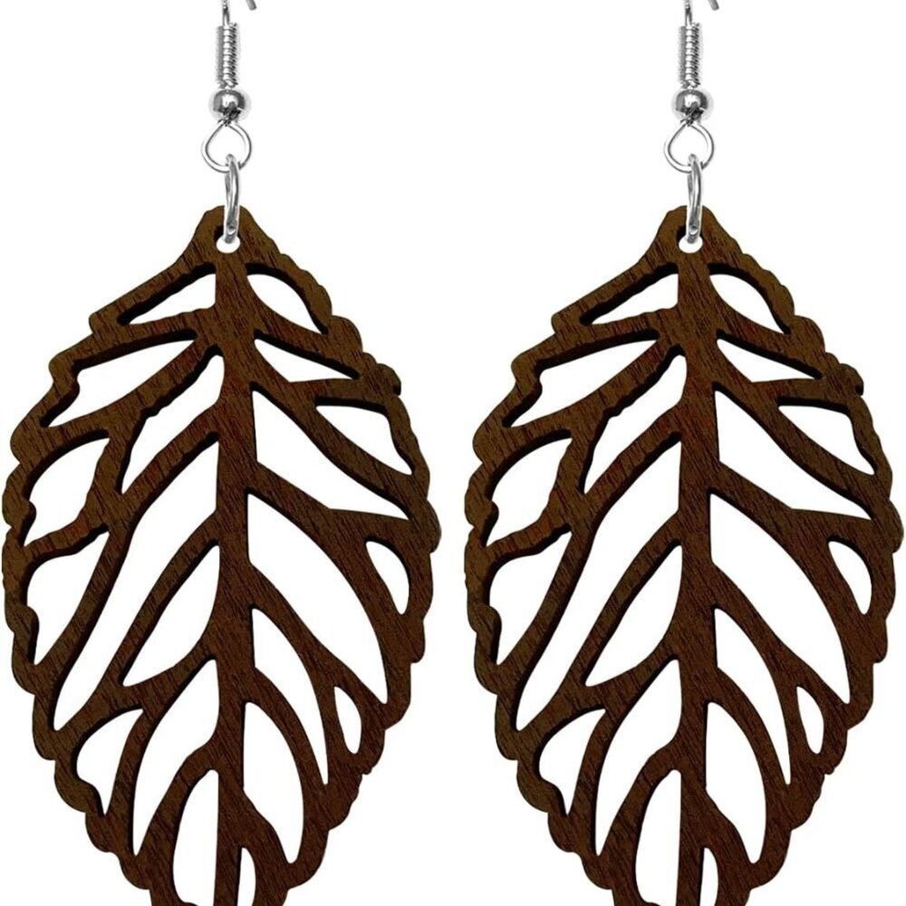 Handmade Bohemian Natural Wooden Leaf Dangle Drop Earrings Lightweight Vintage H
